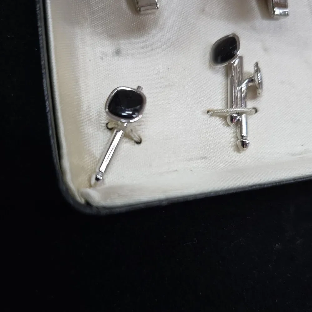 Vintage Chalette 5032 Cufflinks & Studs Silver Black Gray Stone Cowboy Classic